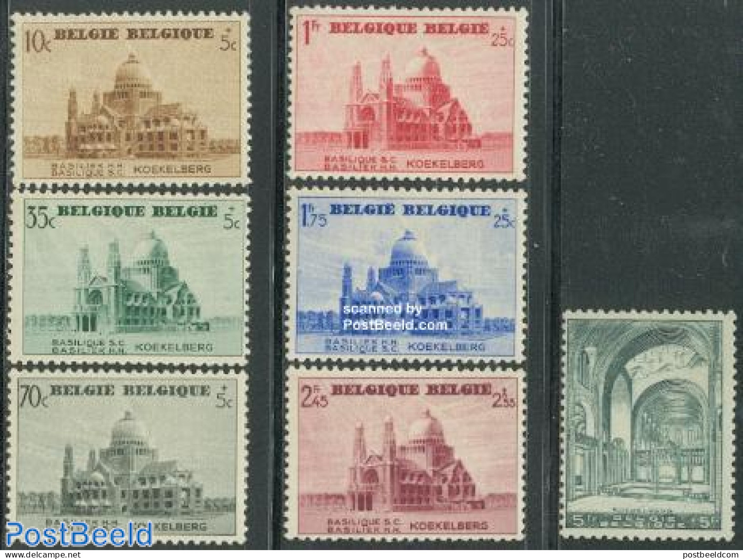 Belgium 1938 Koekelberg 7v, Unused (hinged), Religion - Churches, Temples, Mosques, Synagogues - Neufs