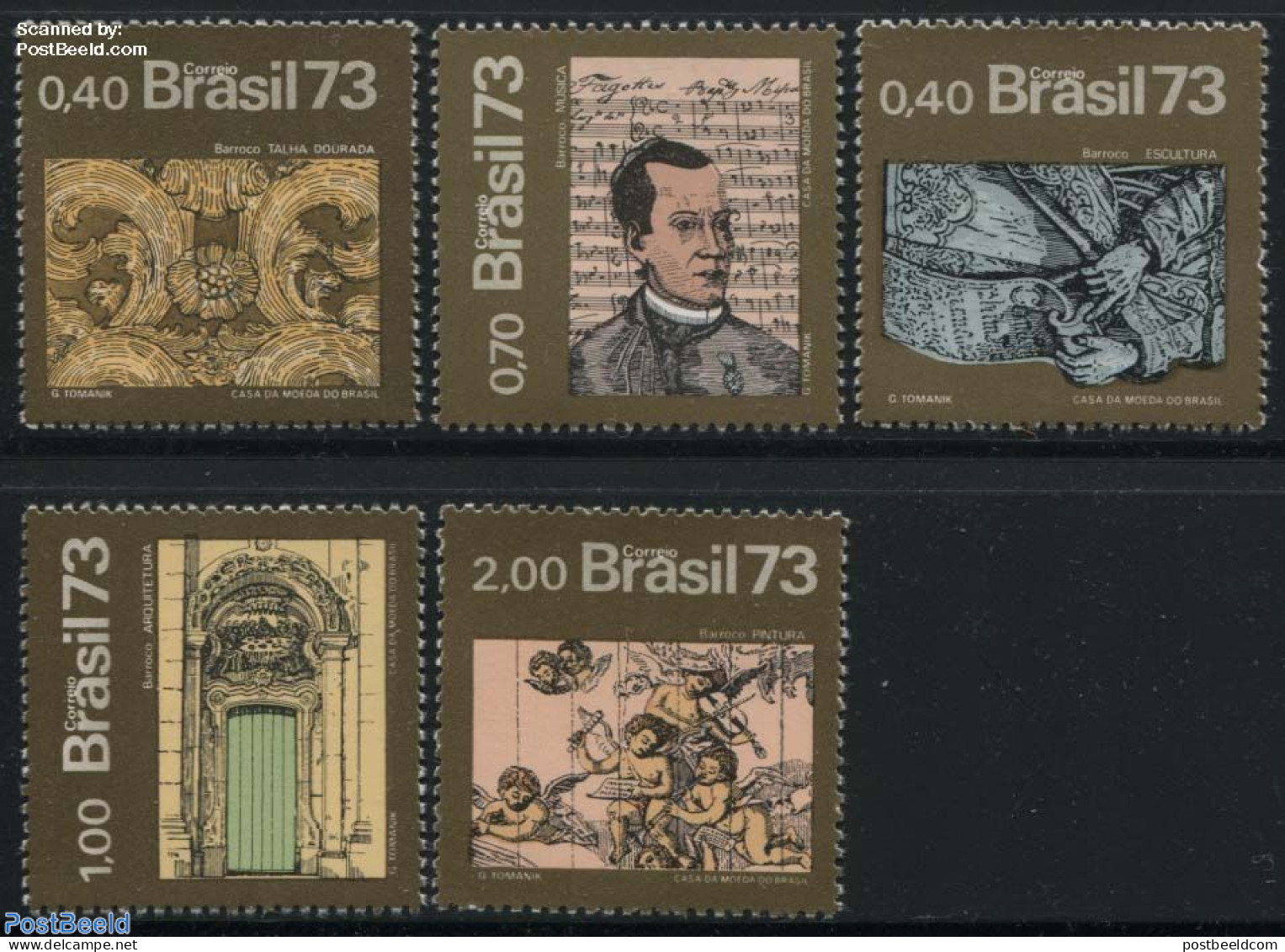 Brazil 1973 Baroque Art 5v, Mint NH, Performance Art - Music - Staves - Art - Paintings - Ongebruikt