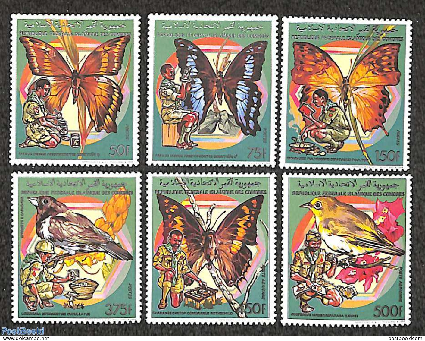Comoros 1989 Scouting 6v, Mint NH, Nature - Sport - Birds - Butterflies - Scouting - Comores (1975-...)