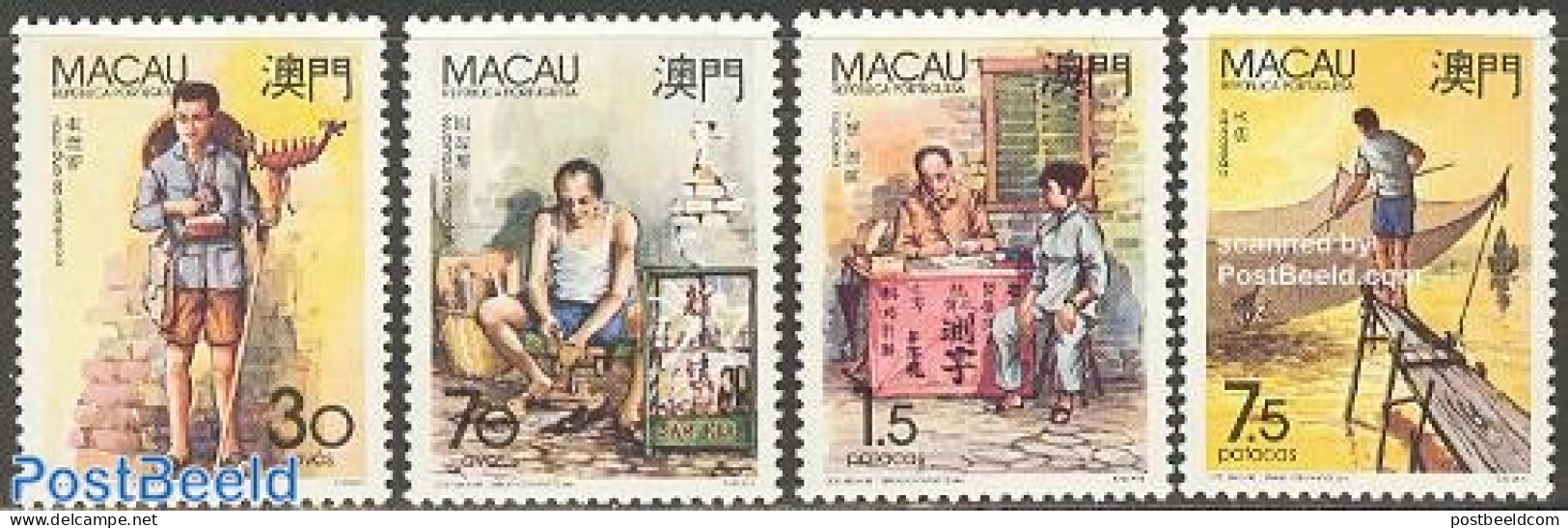 Macao 1990 Typical Jobs 4v, Mint NH, Nature - Performance Art - Various - Fishing - Music - Street Life - Art - Authors - Ungebraucht