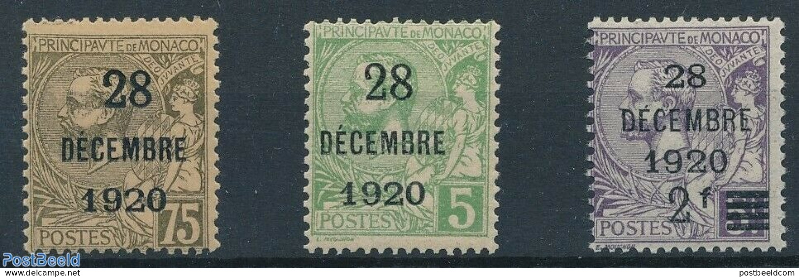 Monaco 1921 28 DEC 1920 Overprints 3v, Unused (hinged) - Ongebruikt