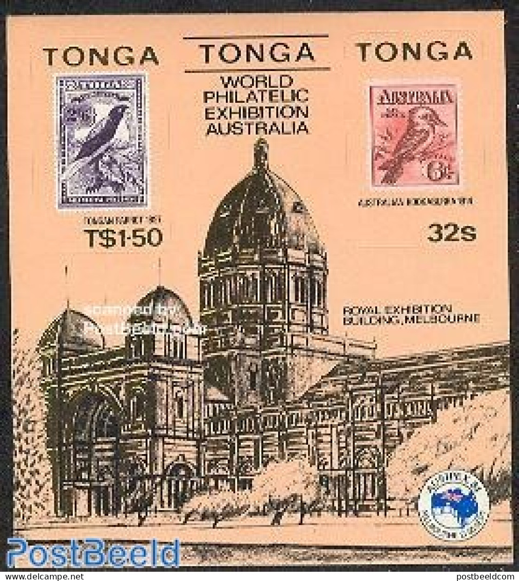 Tonga 1984 AUSIPEX S/s, Mint NH, Nature - Birds - Stamps On Stamps - Briefmarken Auf Briefmarken