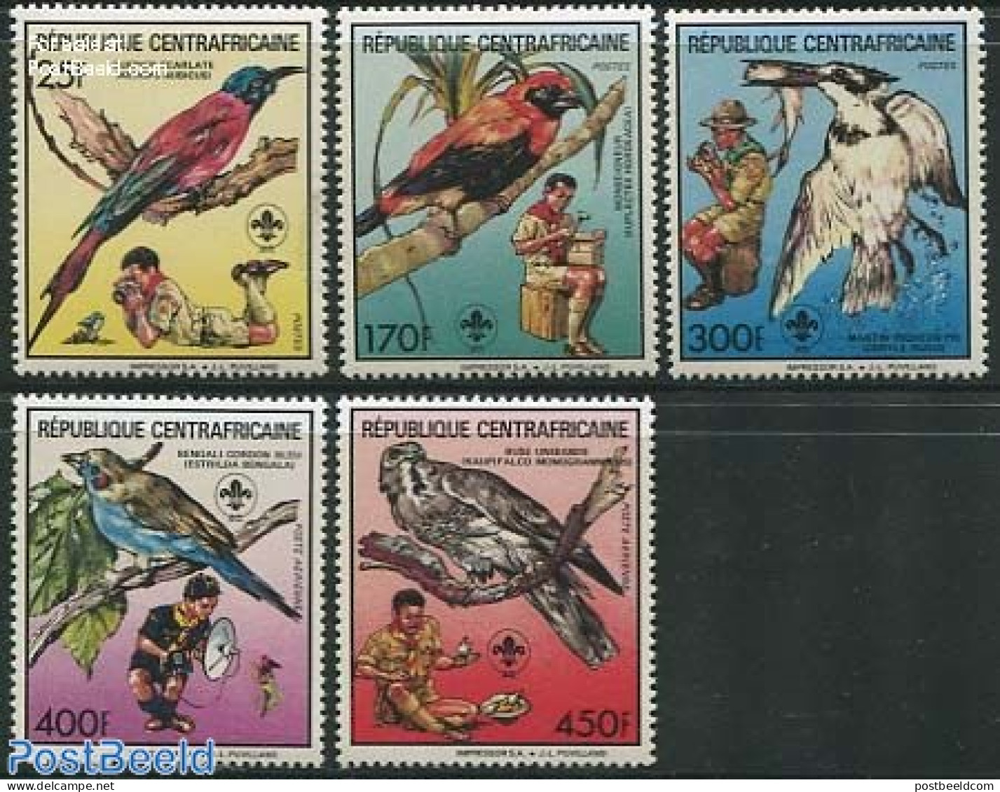Central Africa 1988 Scouting, Birds 5v, Mint NH, Nature - Sport - Birds - Scouting - Kingfishers - Repubblica Centroafricana