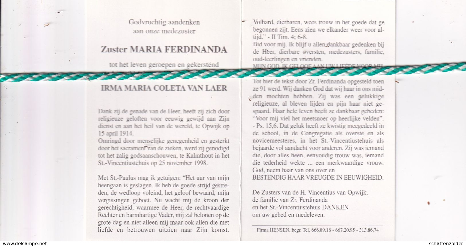 Zuster Maria Ferdinanda (Irma Maria Coleta Van Laer), Lint 1896, Kalmthout 1998. Honderdjarige - Obituary Notices