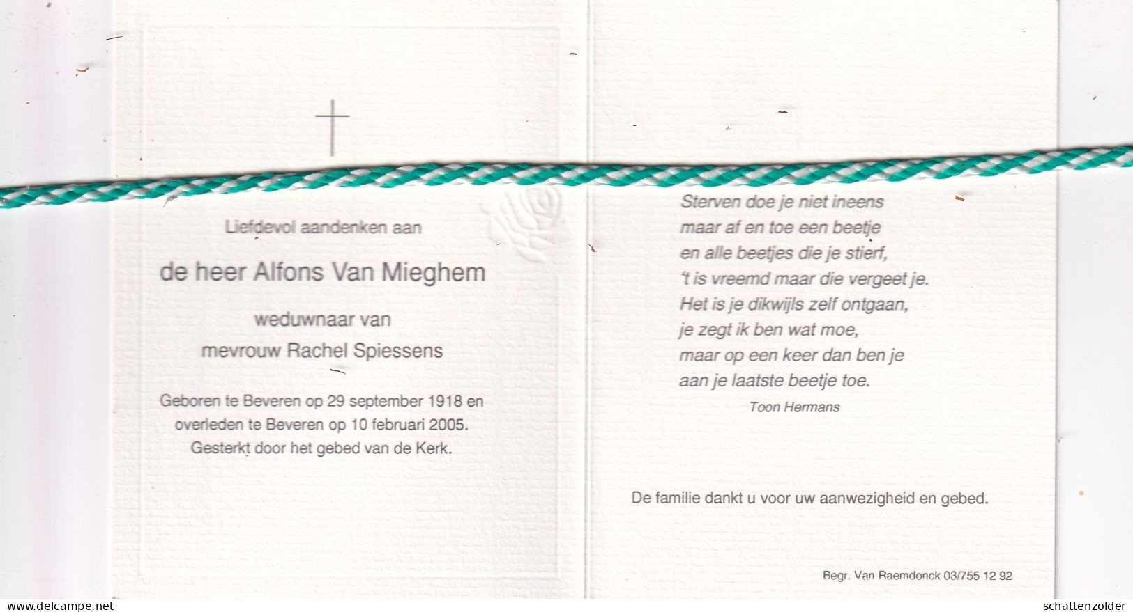 Alfons Van Mieghem-Spiessens, Beveren 1918, 2005. Foto - Obituary Notices
