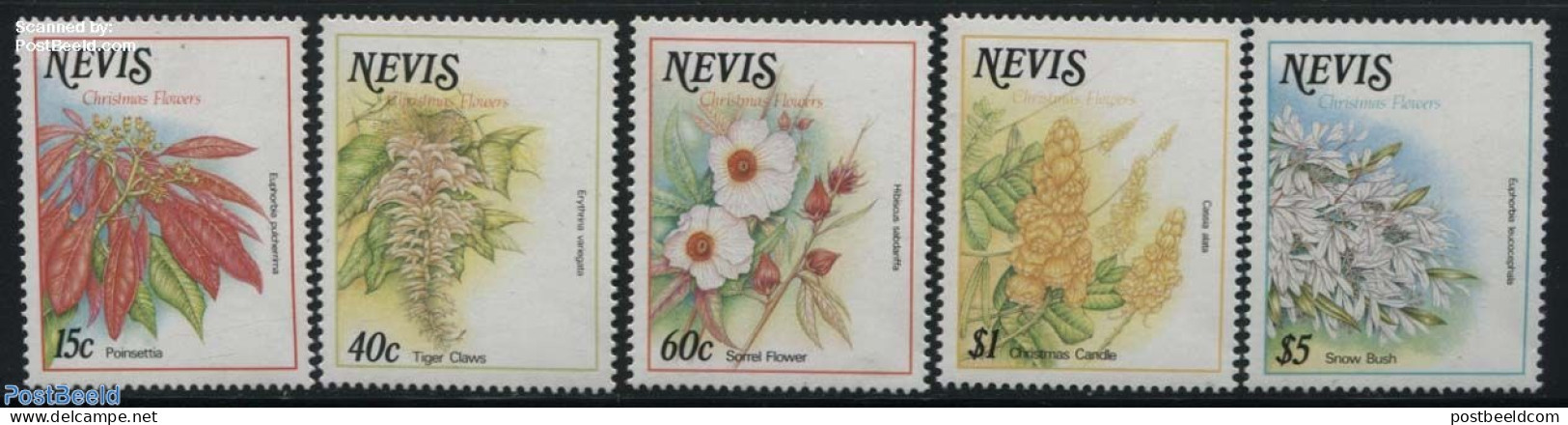 Nevis 1988 Christmas, Flowers 5v, Mint NH, Nature - Religion - Flowers & Plants - Christmas - Kerstmis