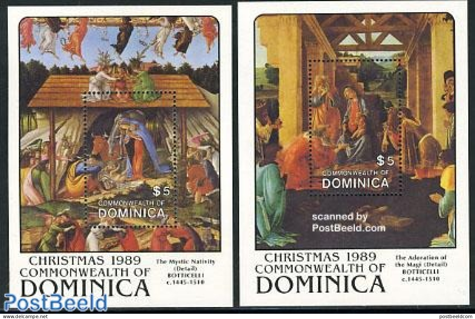 Dominica 1989 Christmas, Botticelli Paintings 2 S/s, Mint NH, Religion - Christmas - Art - Paintings - Noël
