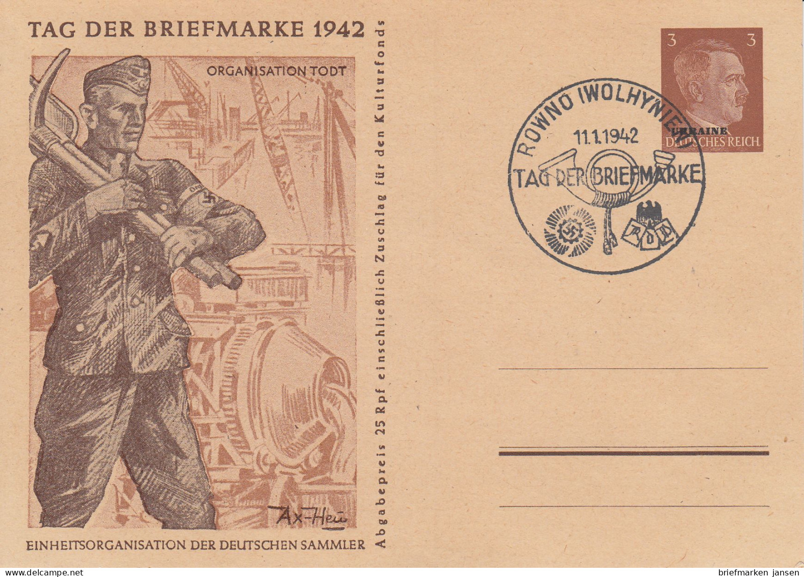 Dt. Besetzung, Ukraine,  Mi.Nr. P 4b/04 Tag D. Briefmarke 1942 Organisation Todt - Besetzungen 1938-45