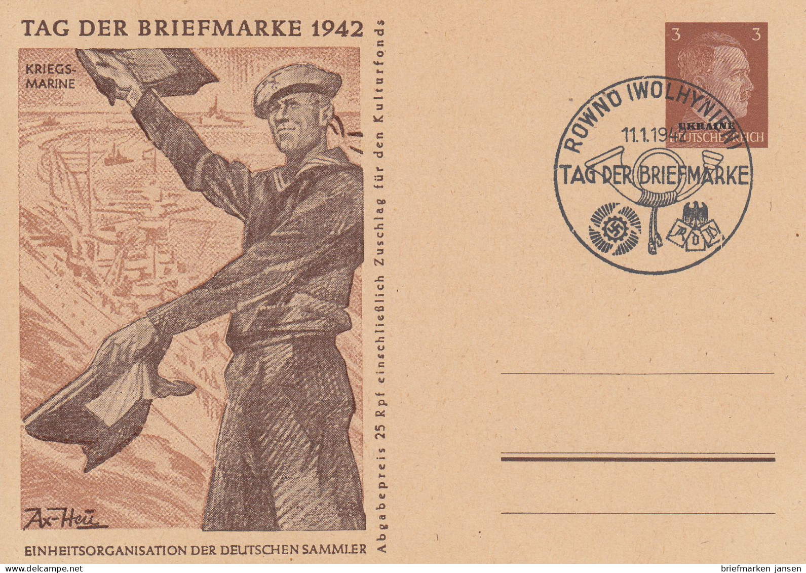 Dt. Besetzung, Ukraine,  Mi.Nr. P 4b/03 Tag Der Briefmarke 1942, Kriegsmarine - Bezetting 1938-45