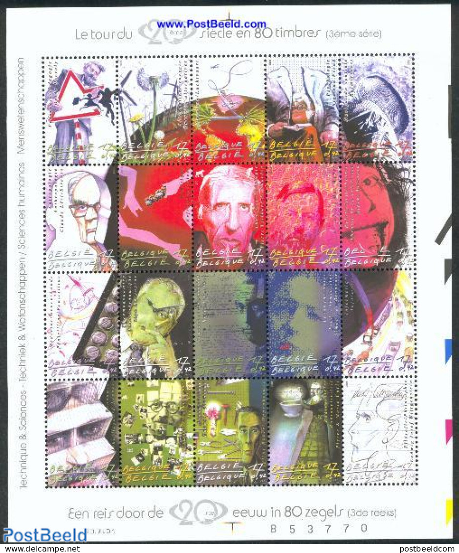 Belgium 2001 20th Century, Human Science 20v M/s, Mint NH, History - Science - Transport - Nobel Prize Winners - Physi.. - Unused Stamps