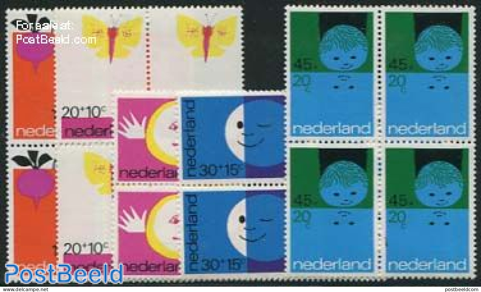 Netherlands 1971 Child Welfare 5v, Blocks Of 4 [+], Mint NH, Nature - Butterflies - Art - Children's Books Illustrations - Unused Stamps