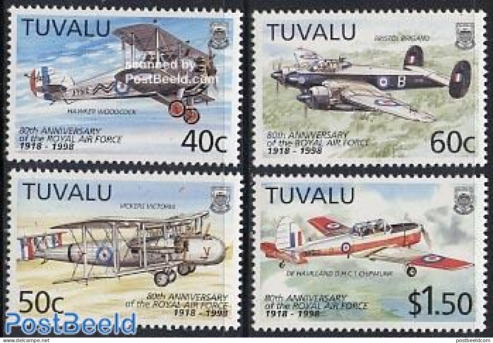 Tuvalu 1998 80 Years R.A.F. 4v, Mint NH, Transport - Aircraft & Aviation - Vliegtuigen