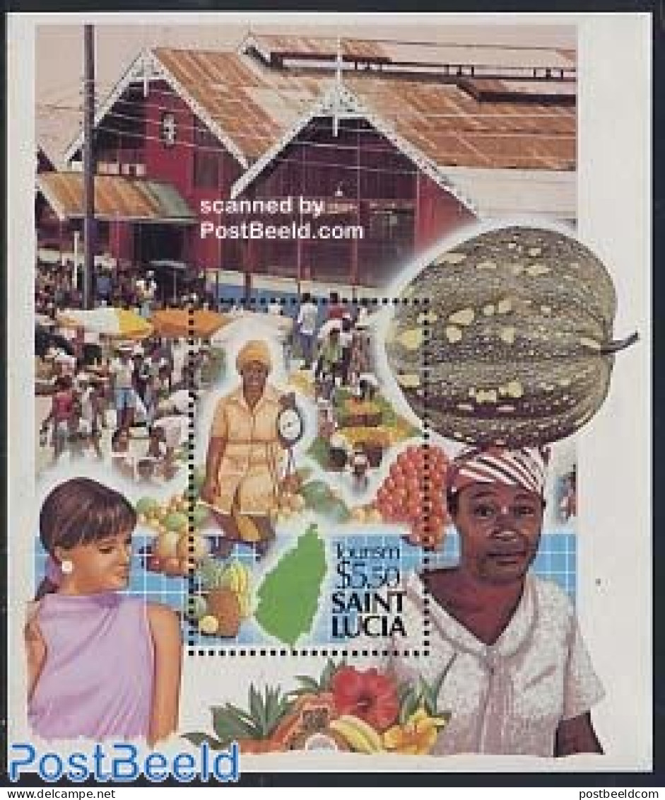 Saint Lucia 1988 Tourism S/s, Mint NH, Nature - Various - Fruit - Street Life - Tourism - Frutas