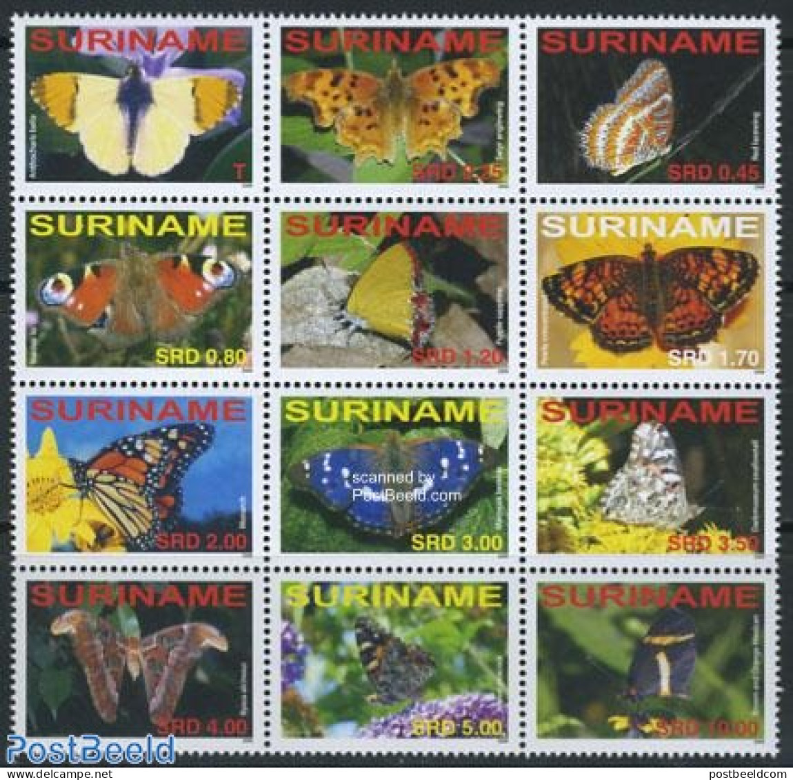Suriname, Republic 2008 Butterflies 12v Sheetlet, Mint NH, Nature - Butterflies - Surinam
