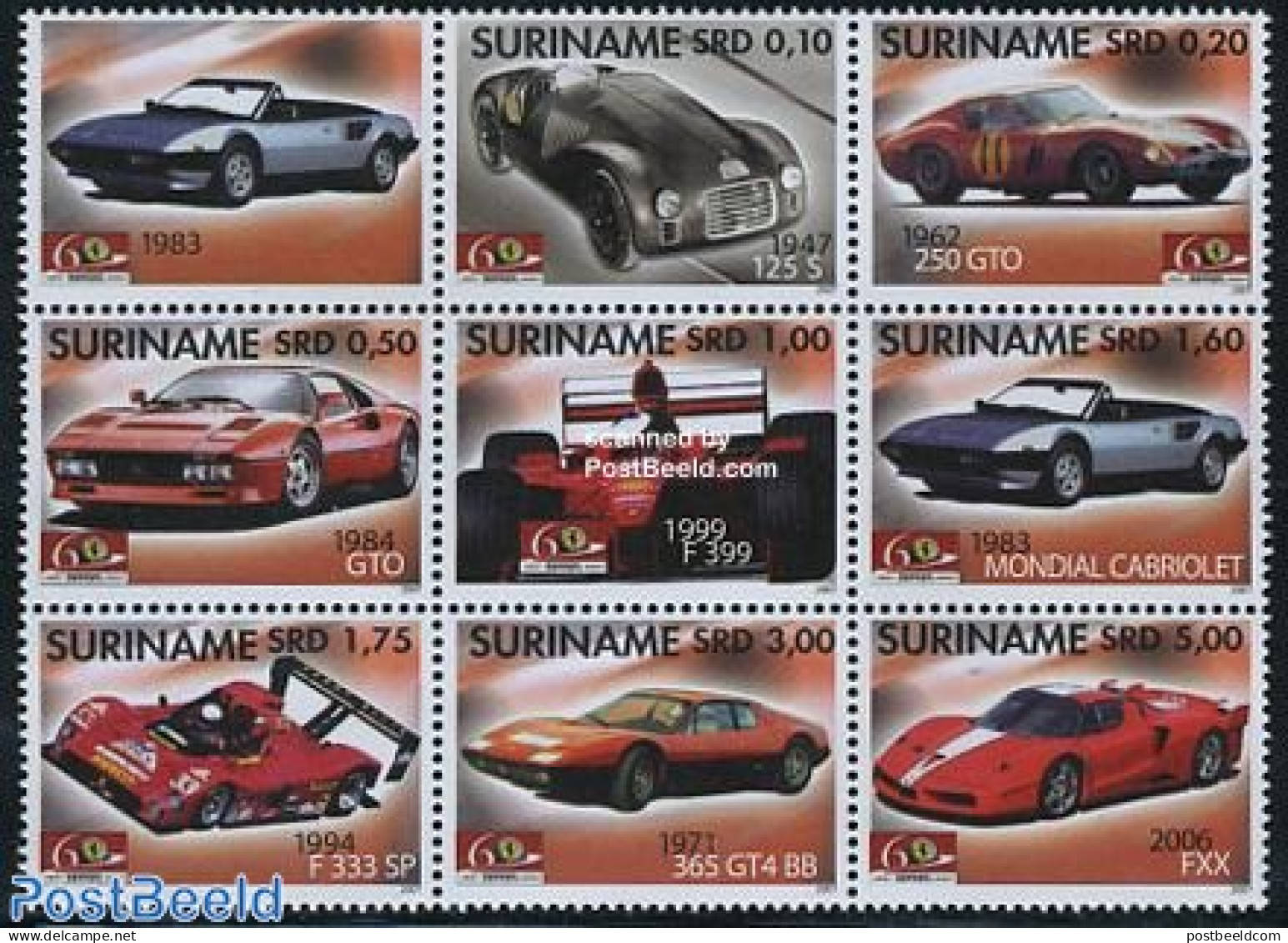 Suriname, Republic 2007 Ferrari 8v+tab In Sheetlet, Mint NH, Sport - Transport - Autosports - Automobiles - Ferrari - Voitures