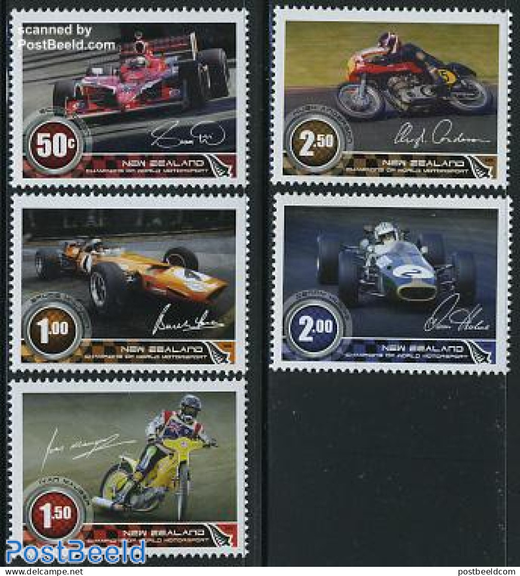 New Zealand 2009 Champions Of World Motorsport 5v, Mint NH, Sport - Transport - Autosports - Automobiles - Motorcycles - Unused Stamps