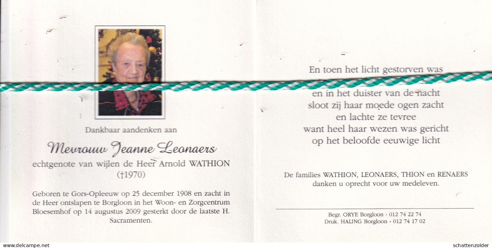 Jeanne Leemans-Wathion, Gors-Opleeuw 1908, Borgloon 2009. Honderdjarige. Foto - Obituary Notices