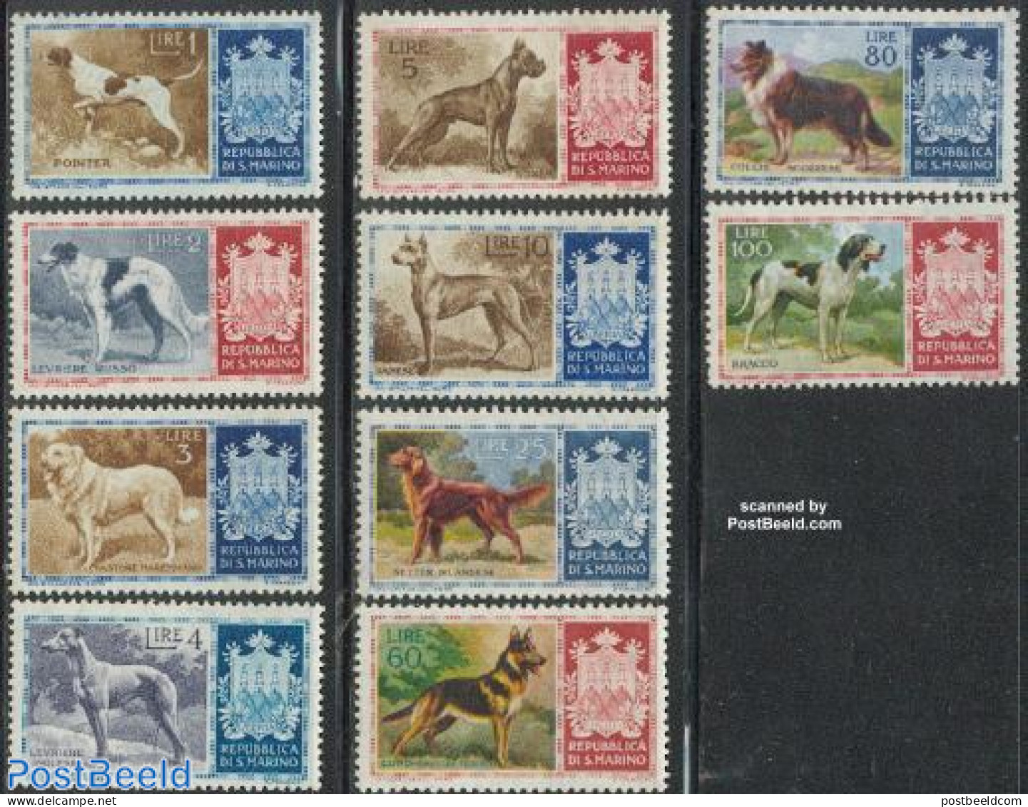 San Marino 1956 Dogs 10v, Unused (hinged), History - Nature - Coat Of Arms - Dogs - Unused Stamps