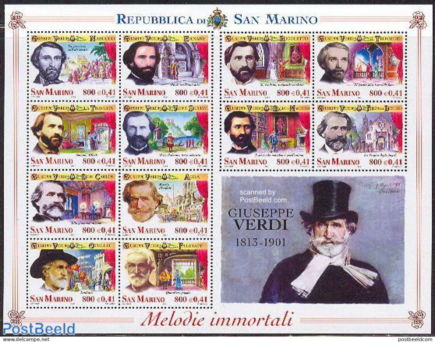 San Marino 2001 G. Verdi 12v M/s, Mint NH, Performance Art - Music - Theatre - Unused Stamps
