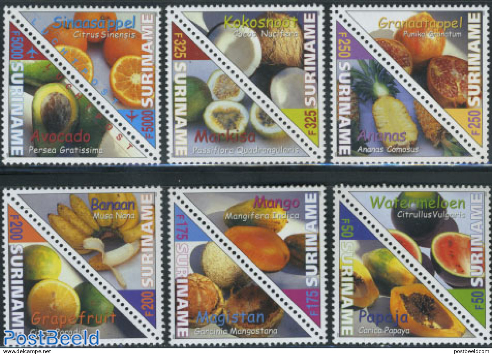 Suriname, Republic 2000 Tropical Fruit 6x2v, Mint NH, Nature - Fruit - Fruit