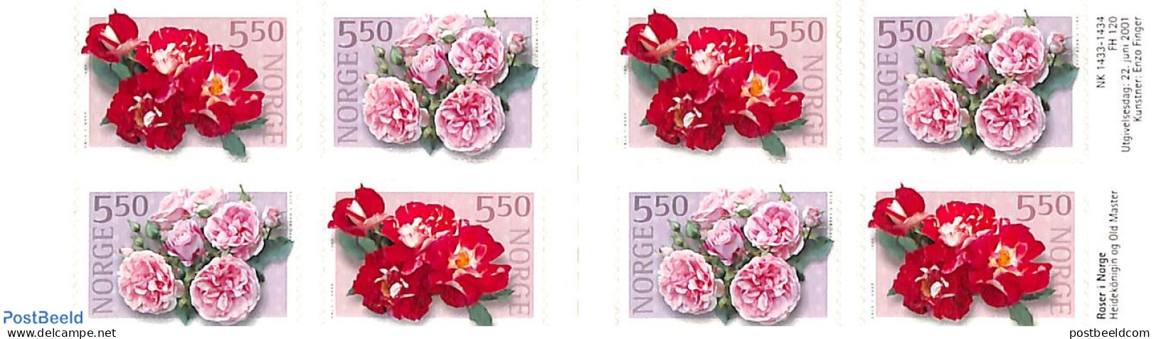 Norway 2001 Roses Booklet, Mint NH, Nature - Various - Flowers & Plants - Roses - Stamp Booklets - Scented Stamps - Ongebruikt