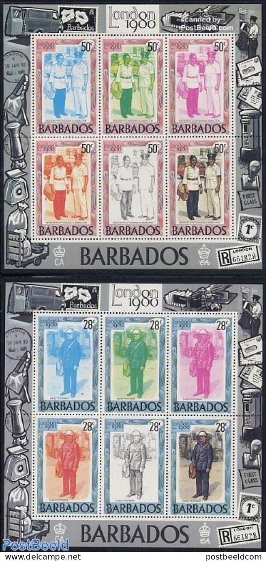 Barbados 1980 London 1980 2x6v M/s, Mint NH, Various - Post - Stamps On Stamps - Uniforms - Poste