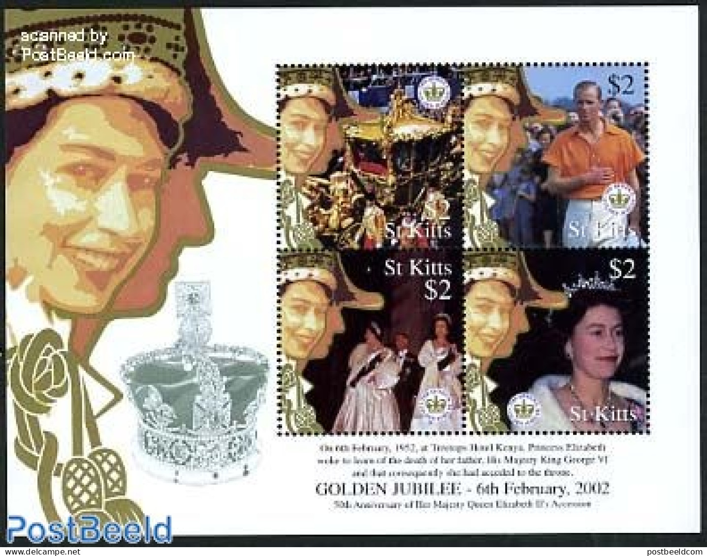 Saint Kitts/Nevis 2002 Golden Jubilee 4v M/s, Mint NH, History - Kings & Queens (Royalty) - Königshäuser, Adel