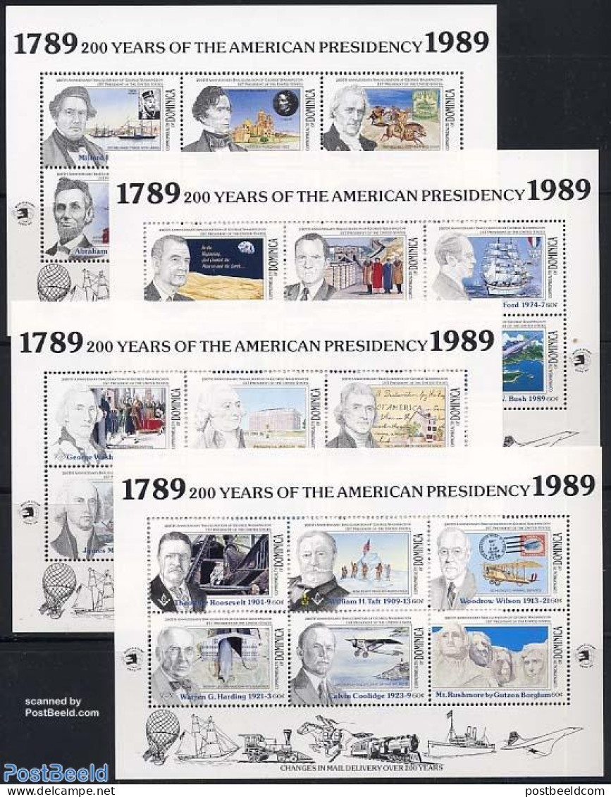 Dominica 1989 American Presidents 24v (4 M/s), Mint NH, History - Science - Transport - Various - American Presidents .. - Postzegels Op Postzegels