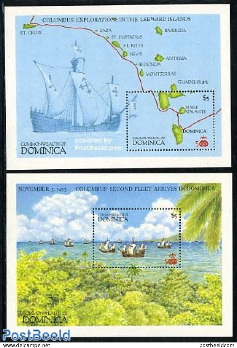 Dominica 1987 Discovery Of America 2 S/s, Mint NH, History - Transport - Various - Explorers - Ships And Boats - Maps - Erforscher