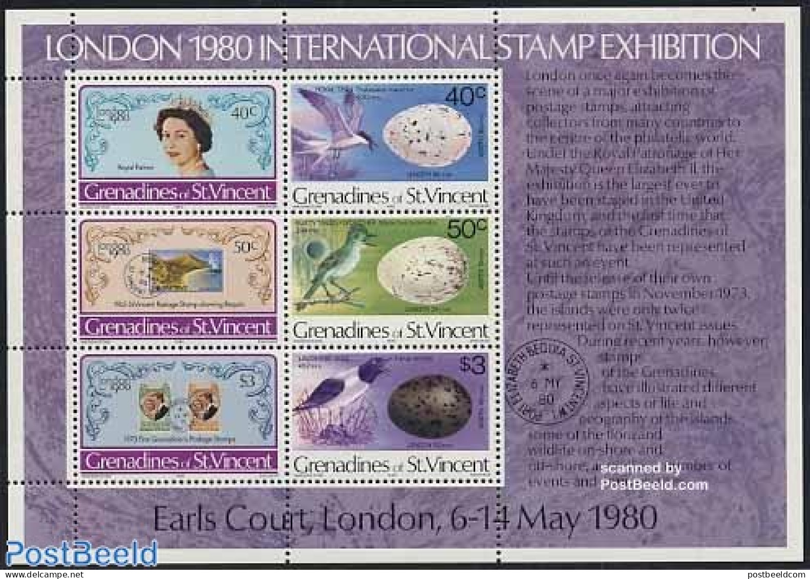 Saint Vincent & The Grenadines 1980 London 1980 Exposition S/s, Mint NH, Nature - Birds - Stamps On Stamps - Sellos Sobre Sellos
