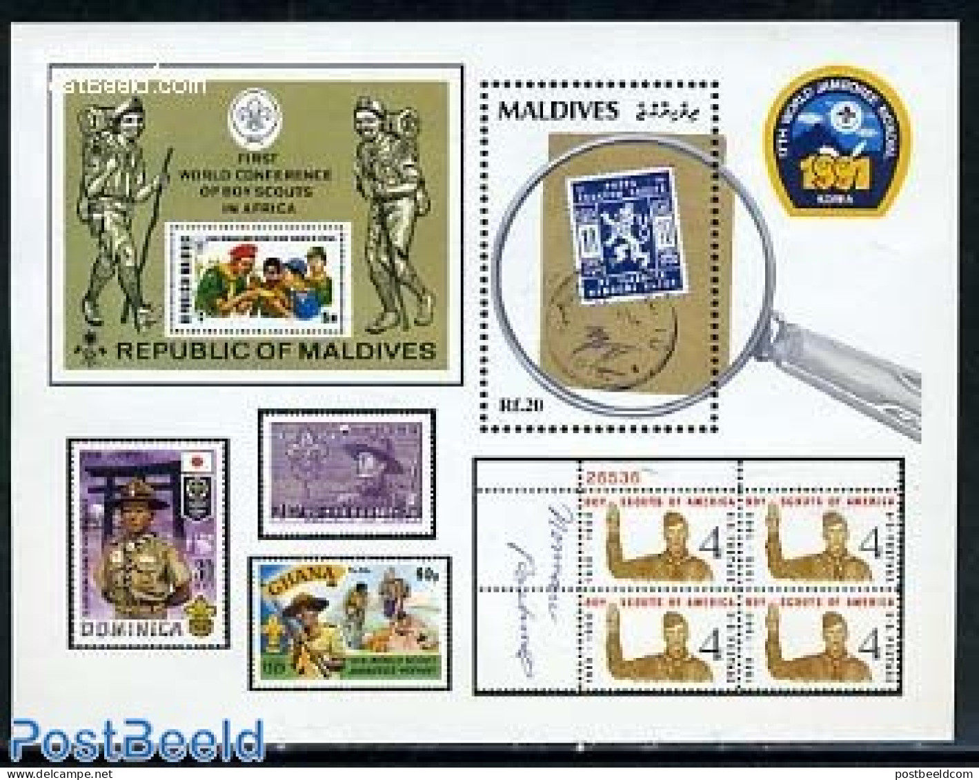 Maldives 1992 World Jamboree S/s, Mint NH, Sport - Scouting - Stamps On Stamps - Briefmarken Auf Briefmarken