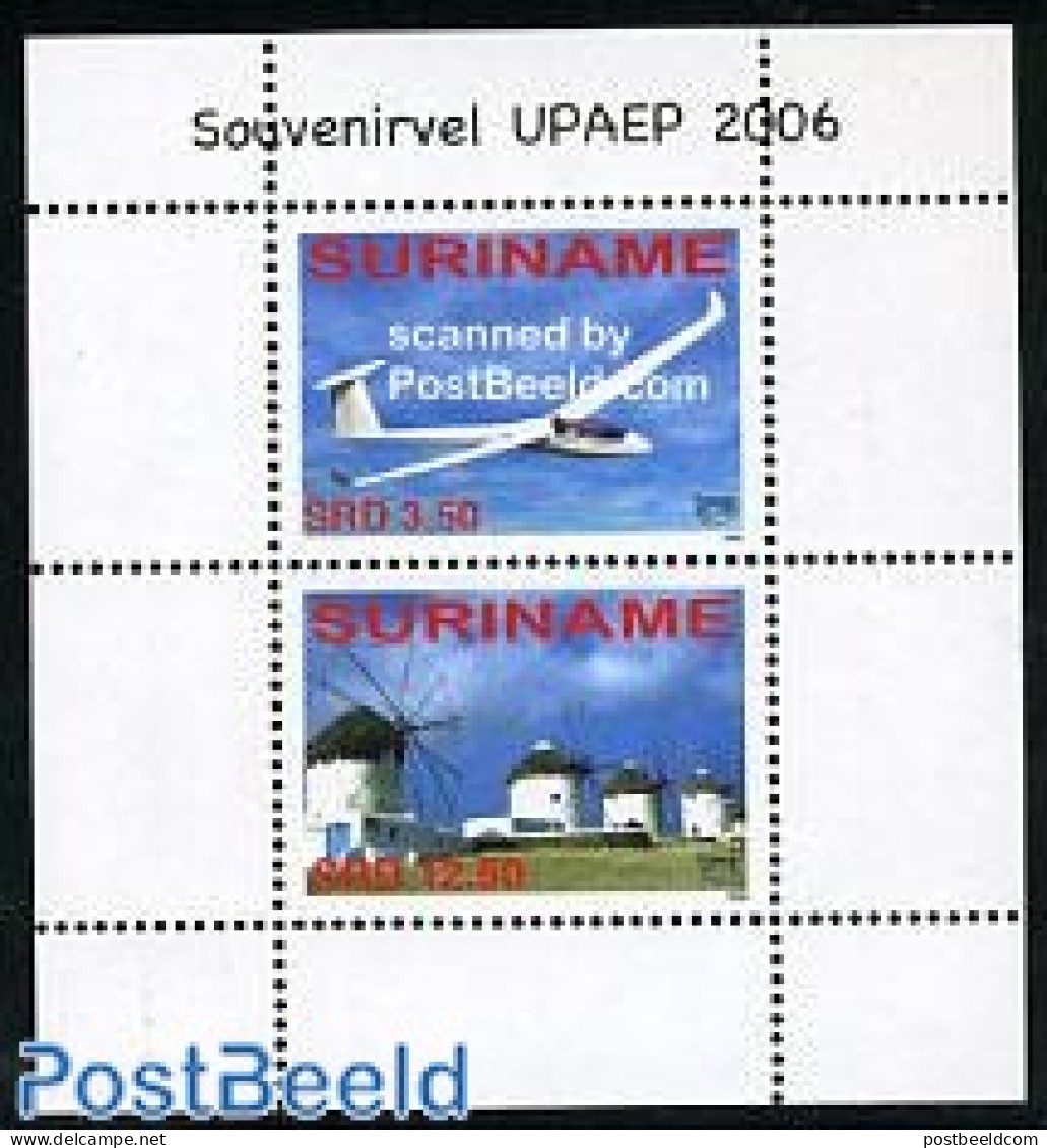 Suriname, Republic 2006 UPAEP 2v M/s (gliding, Windmill), Mint NH, Sport - Transport - Various - Gliding - U.P.A.E. - .. - Flugzeuge