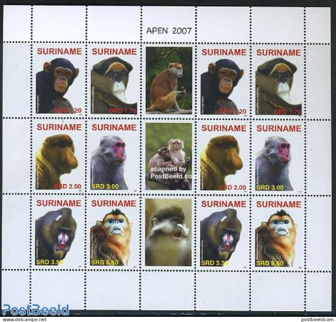 Suriname, Republic 2007 Monkeys 2x6v M/s, Mint NH, Nature - Animals (others & Mixed) - Monkeys - Suriname