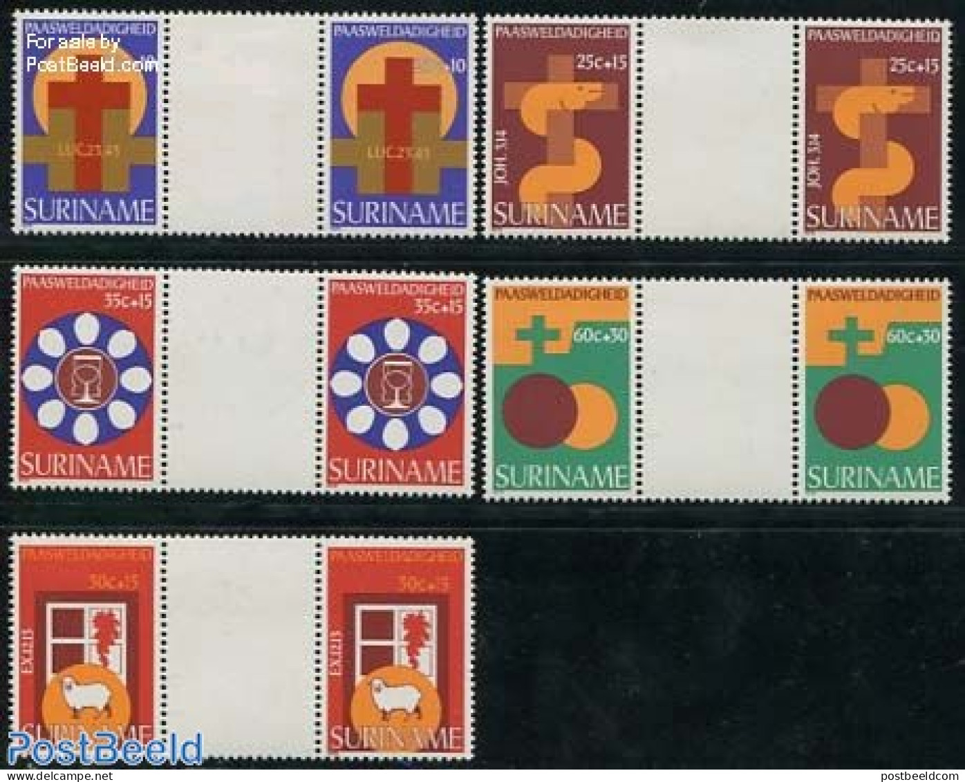 Suriname, Republic 1978 Easter 5v, Gutter Pairs (with White Tabs), Mint NH, Religion - Religion - Suriname
