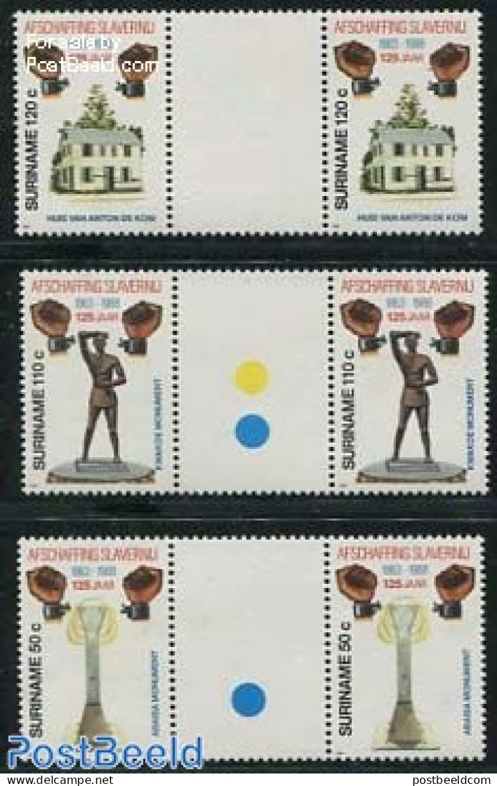 Suriname, Republic 1988 Slavery Abolishment 3v Gutter Pairs, Mint NH, History - Anti Racism - Unclassified