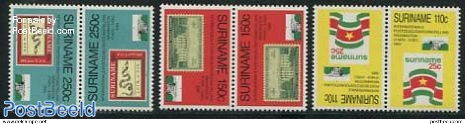 Suriname, Republic 1989 Wastington 3v Tete Beche Pairs, Mint NH, Stamps On Stamps - Sellos Sobre Sellos