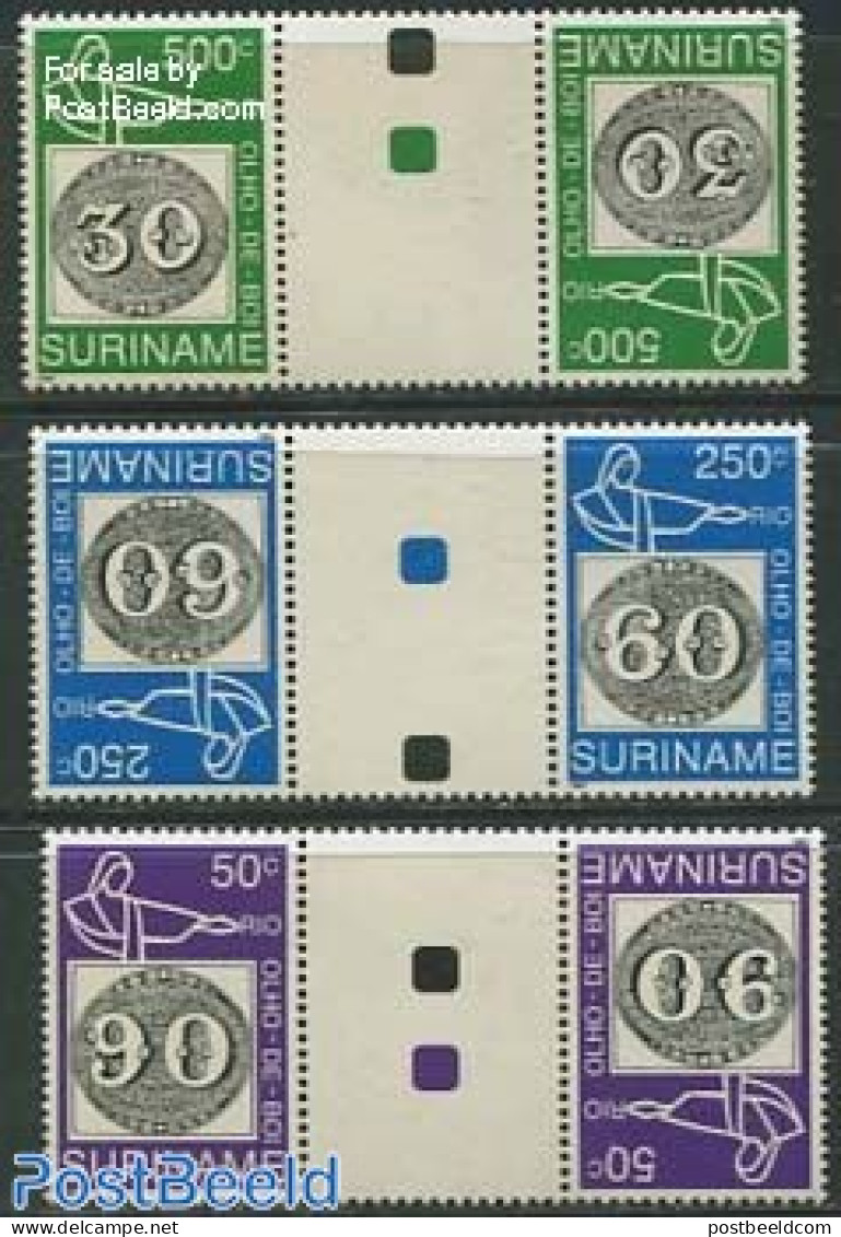 Suriname, Republic 1993 Brasiliana 3v, Gutter Pairs, Mint NH, Stamps On Stamps - Briefmarken Auf Briefmarken