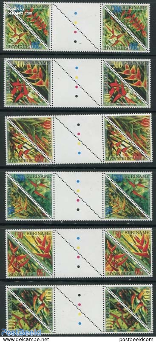 Suriname, Republic 1999 Flowers 2x6v, Gutter Pairs (color Points), Mint NH, Nature - Flowers & Plants - Surinam