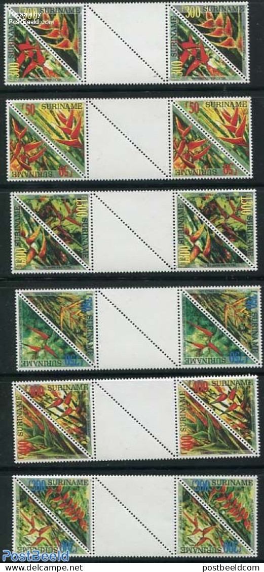 Suriname, Republic 1999 Tropical Flowers 2x6v, Gutter Pair (white Center), Mint NH, Nature - Flowers & Plants - Suriname