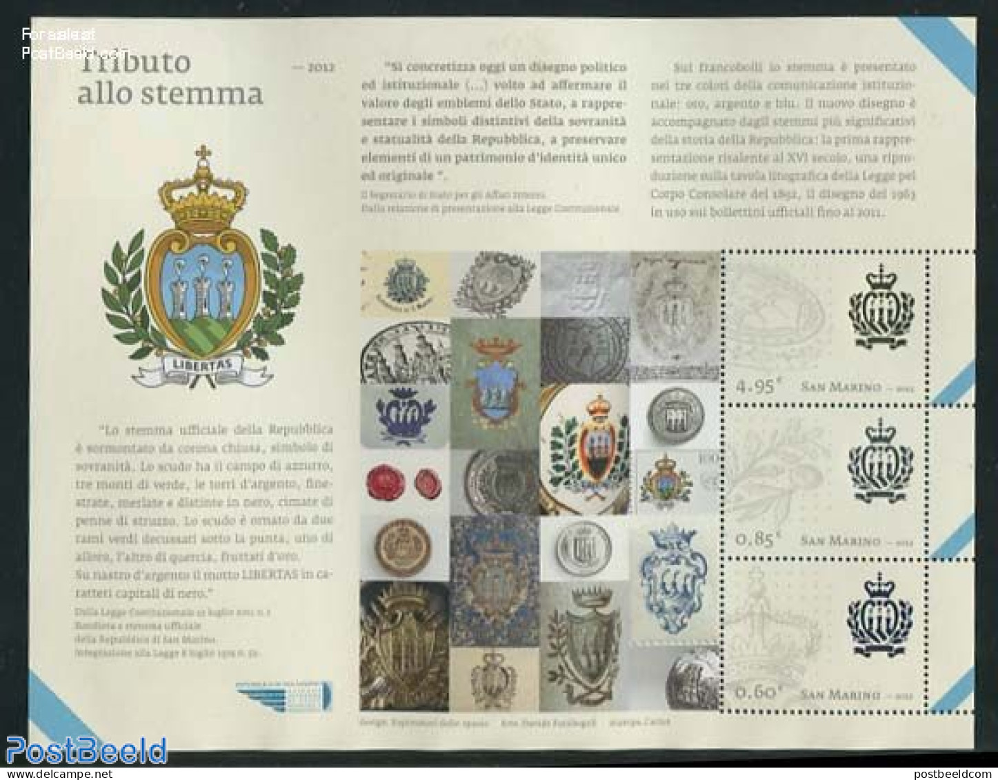 San Marino 2012 Coat Of Arms 3v M/s, Mint NH, History - Coat Of Arms - Nuovi