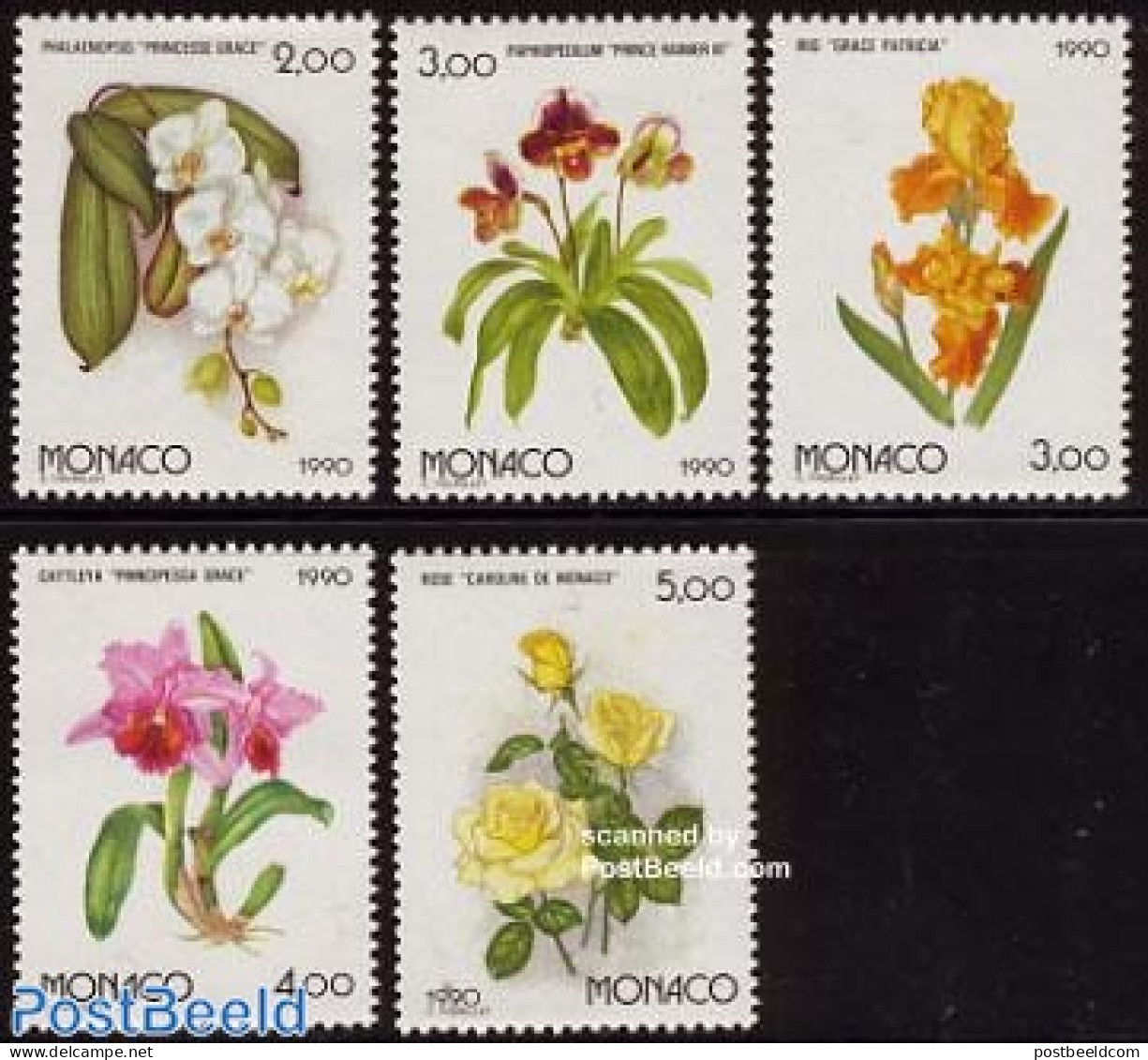 Monaco 1990 Expo 90, Flowers 5v, Mint NH, Nature - Flowers & Plants - Orchids - Roses - Ongebruikt