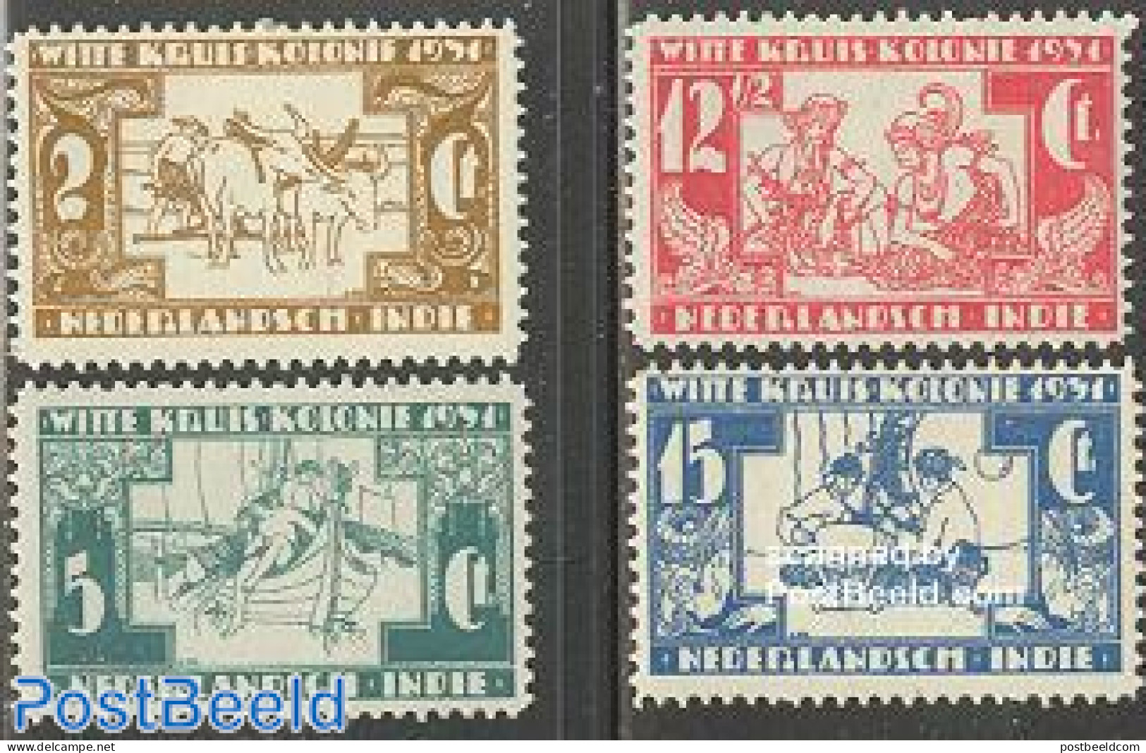 Netherlands Indies 1931 White Cross 4v, Unused (hinged), Nature - Performance Art - Transport - Various - Fishing - Da.. - Fishes