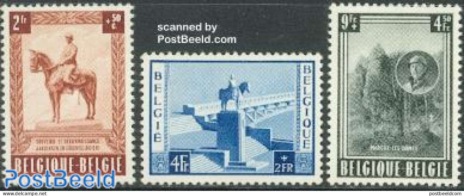 Belgium 1954 King Albert I 3v, Unused (hinged), History - Nature - Kings & Queens (Royalty) - Horses - Unused Stamps
