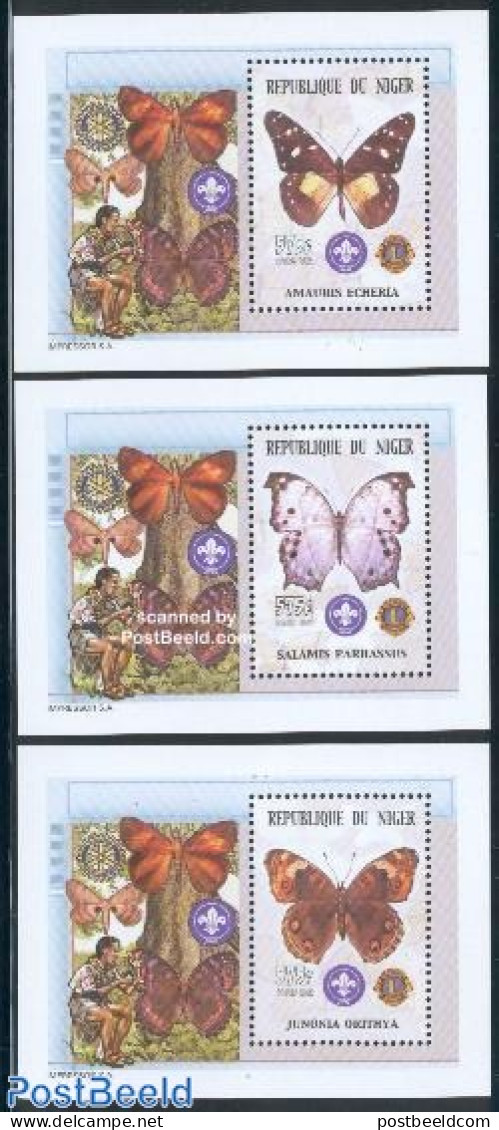 Niger 2002 Scouting, Butterflies 3 S/s, Mint NH, Nature - Sport - Various - Butterflies - Scouting - Lions Club - Rotary - Rotary Club
