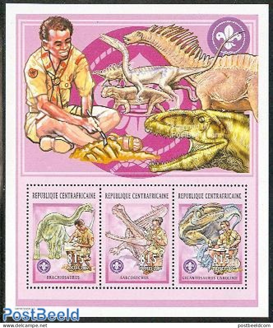 Central Africa 2002 Scouting/preh.animals 3v M/s, Mint NH, Nature - Sport - Prehistoric Animals - Scouting - Prehistorics