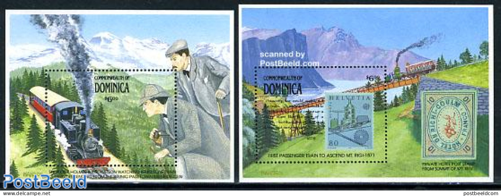 Dominica 1991 Swiss Railways 2 S/s, Mint NH, Transport - Stamps On Stamps - Railways - Briefmarken Auf Briefmarken