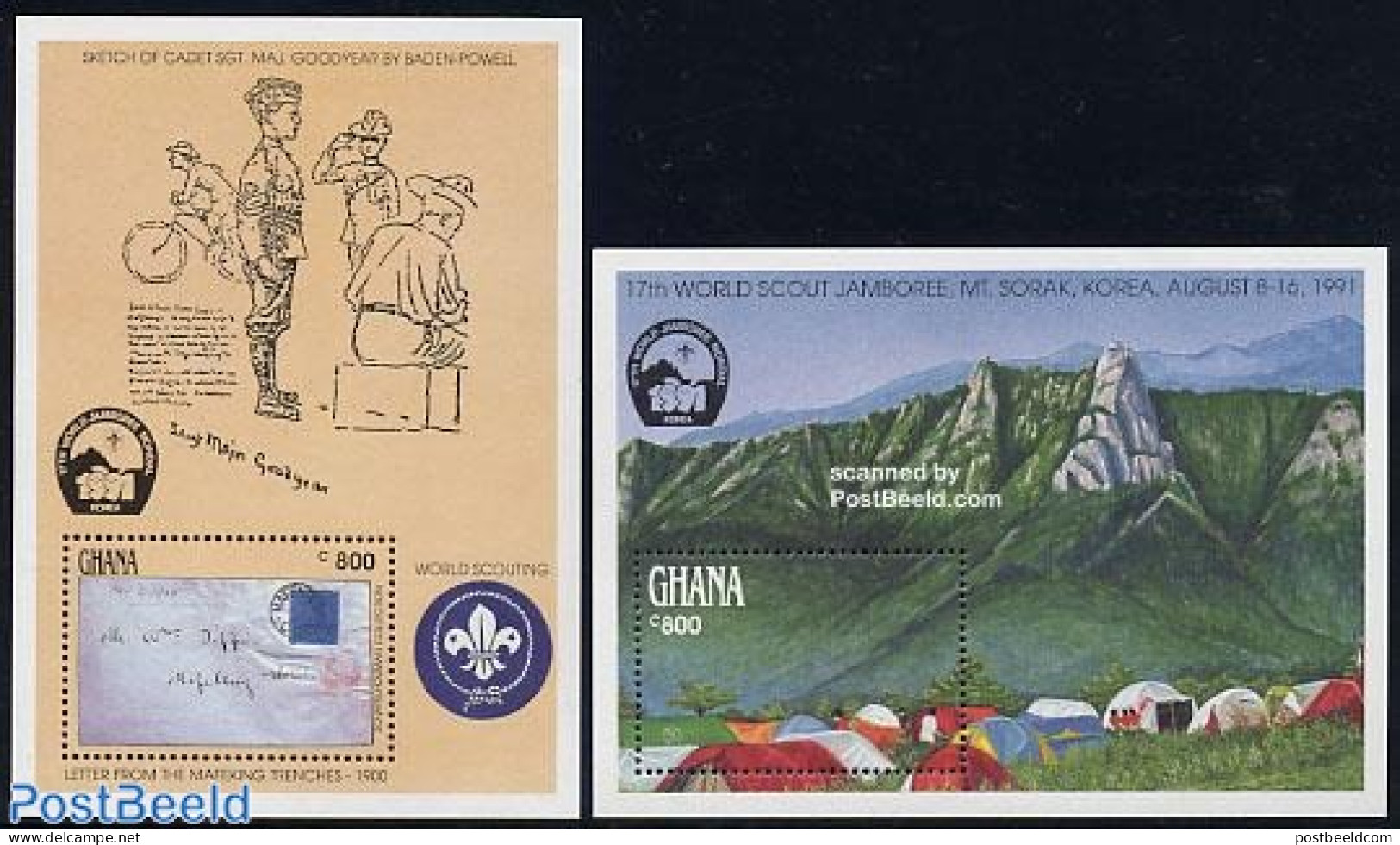 Ghana 1991 Lord Baden Powell 2 S/s, Mint NH, Sport - Scouting - Stamps On Stamps - Briefmarken Auf Briefmarken