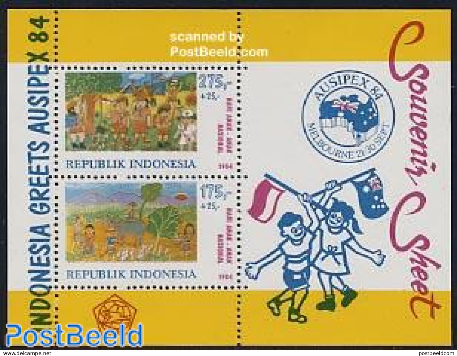 Indonesia 1984 Ausipex Melbourne S/s, Mint NH, Sport - Scouting - Philately - Art - Children Drawings - Indonesia