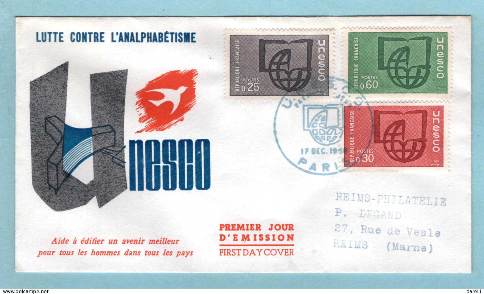 FDC France 1966 - Unesco 1966 - YT 36 à 38 - Paris - 1960-1969