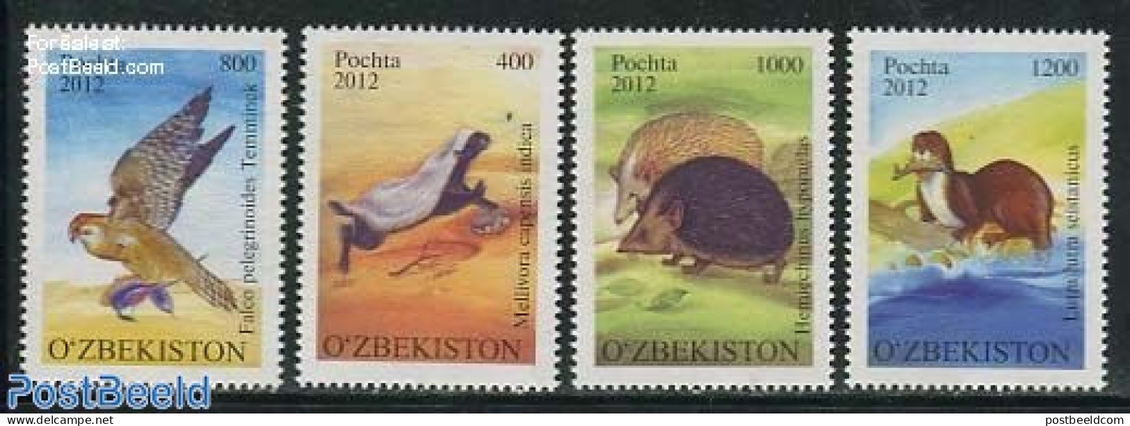 Uzbekistan 2012 Fauna 4v, Mint NH, Nature - Animals (others & Mixed) - Birds - Birds Of Prey - Hedgehog - Uzbekistán